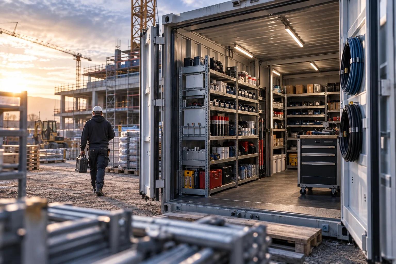 Bestückter Baustellencontainer für eine zuverlässige Materialversorgung